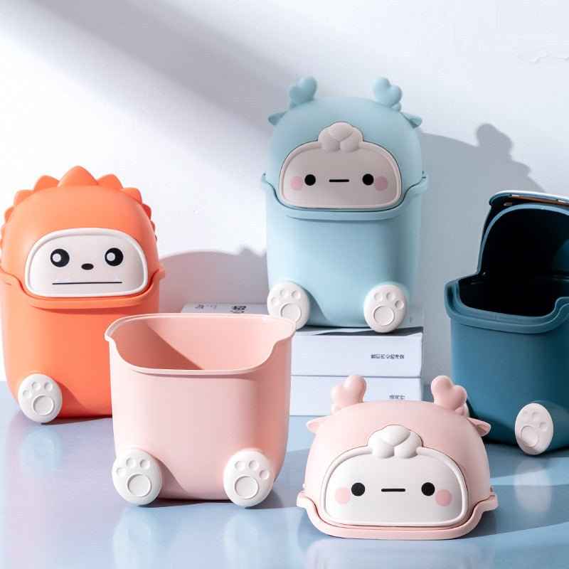 Cute Dinosaur Flip-Top Desktop Trash Can